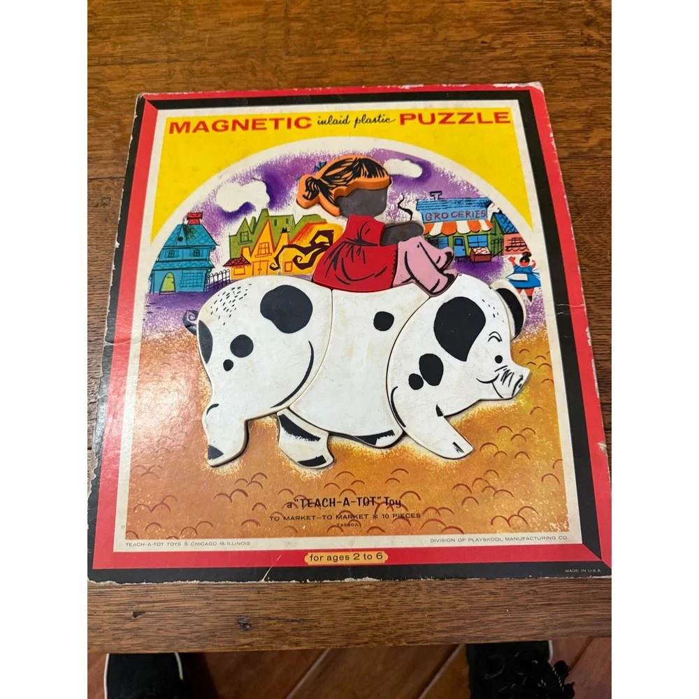 Vintage Teach-A-Tot Playskool Magnetic Inlaid Plastic Puzzle To Market To Market